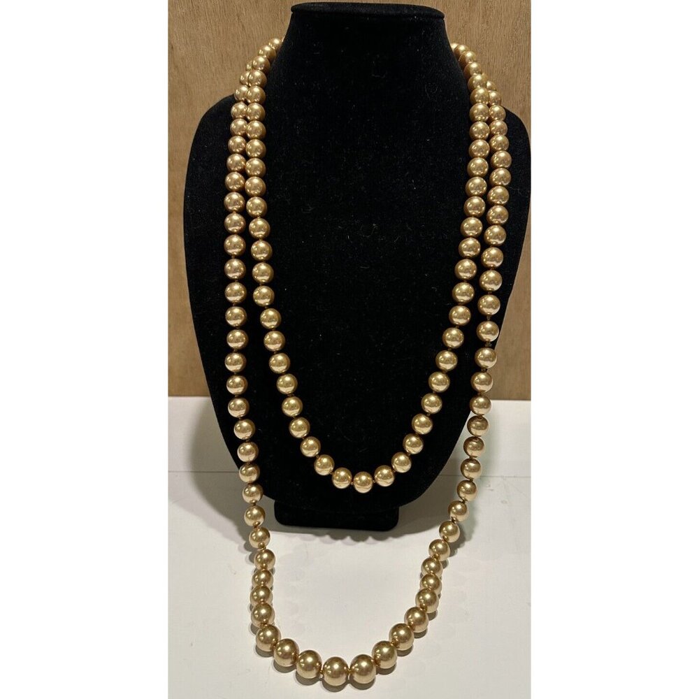 Long Flapper length glass Bead faux pearls Continuous necklace Gold Tone Heavy